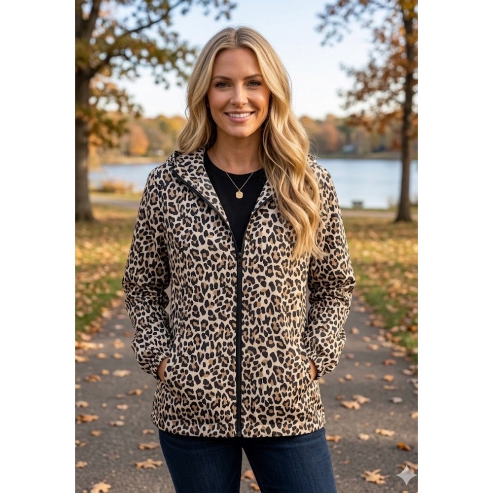 Susan‎ Graver Leopard Print Hooded Windbreaker Jacket XL Tan Black Full Zip